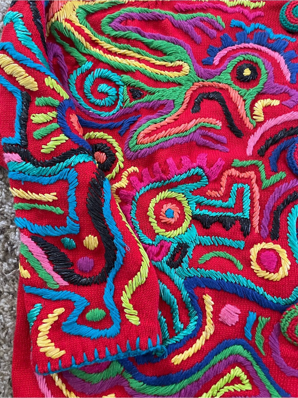Vintage Michael Simon Red Cardigan with Turquoise Trim and Multicolor Embroidery - Picture 4 of 9